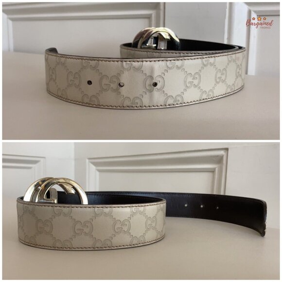 Authentic Gucci Cream Guccissima Leather Gold Interlocking G Buckle Belt 80/32 - Picture 11 of 13
